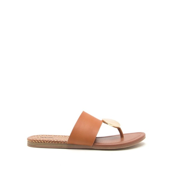 SALE!!!
 Sandal Tan Gold Disk Thong Slide-In Flat Sandal NEW - Picture 6 of 8